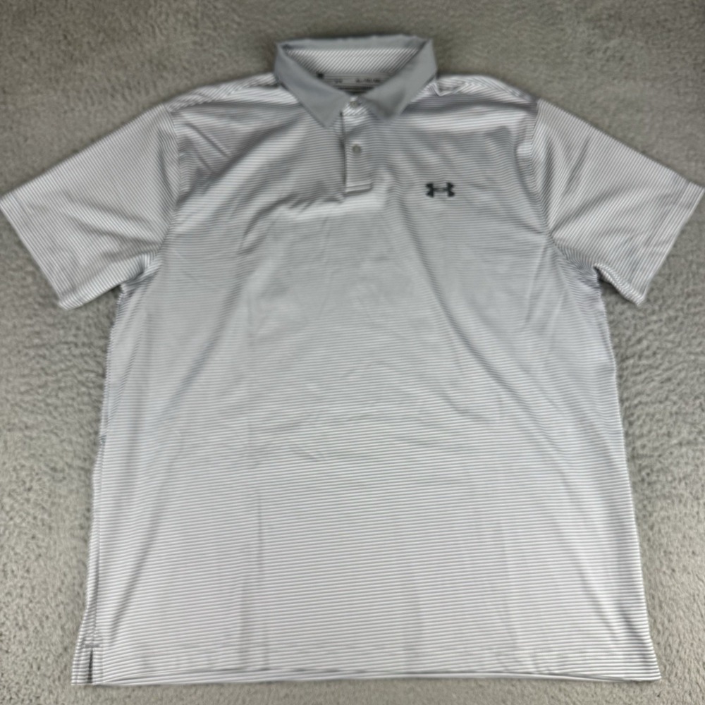Under Armour Performance Polo Mens XL Grey/White Striped Golf Tennis Shirt